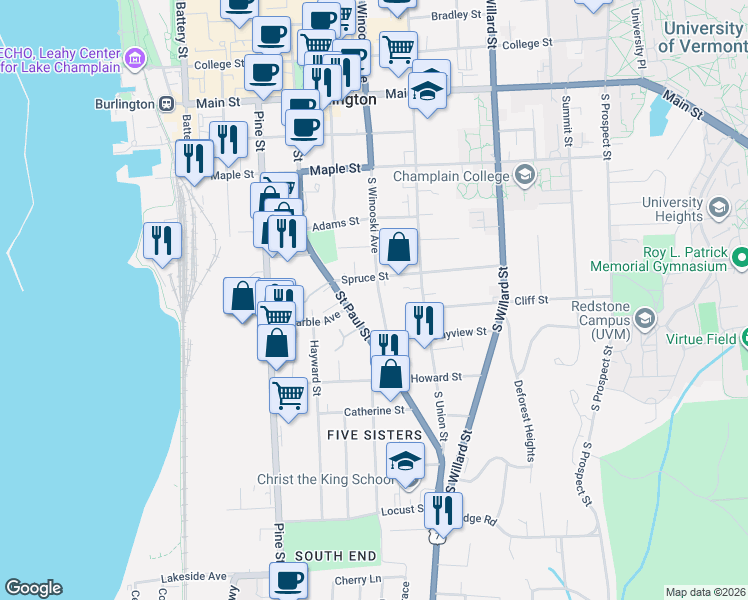 map of restaurants, bars, coffee shops, grocery stores, and more near 379 South Winooski Avenue in Burlington