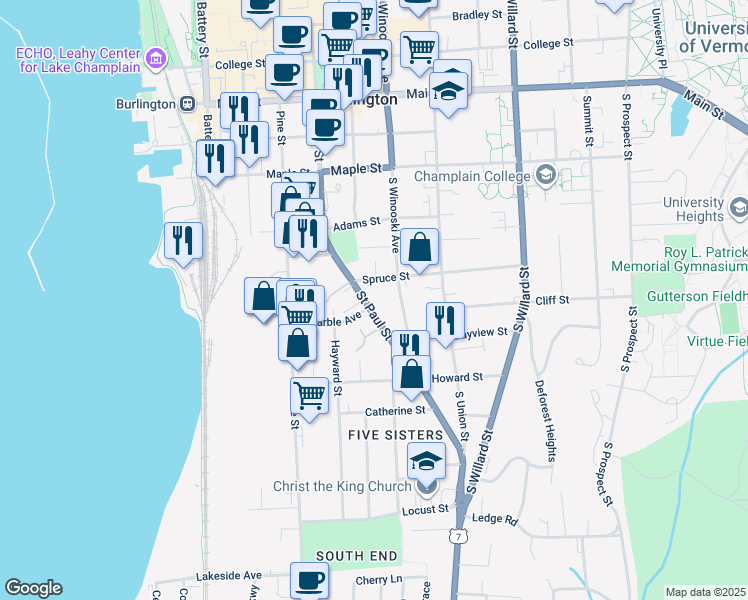 map of restaurants, bars, coffee shops, grocery stores, and more near 365 Saint Paul Street in Burlington