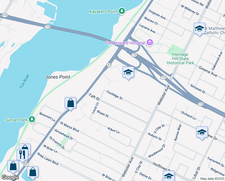 map of restaurants, bars, coffee shops, grocery stores, and more near 345 Coolidge Street in Green Bay