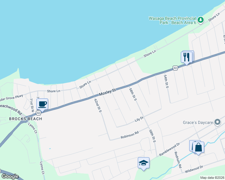 map of restaurants, bars, coffee shops, grocery stores, and more near 64 60th Street North in Wasaga Beach