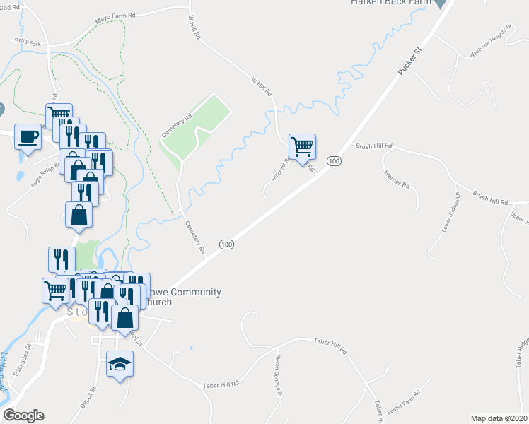 map of restaurants, bars, coffee shops, grocery stores, and more near 635 Maple Street in Stowe