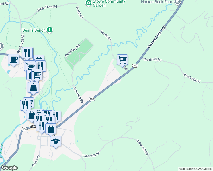 map of restaurants, bars, coffee shops, grocery stores, and more near 105-205 Hillcrest Rd in Stowe