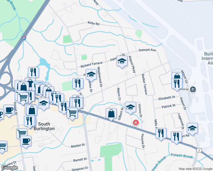 map of restaurants, bars, coffee shops, grocery stores, and more near 8 Maplewood Drive in South Burlington