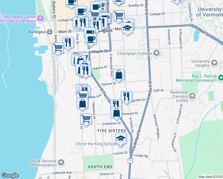 map of restaurants, bars, coffee shops, grocery stores, and more near 54 Spruce Street in Burlington
