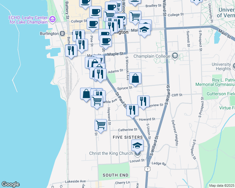 map of restaurants, bars, coffee shops, grocery stores, and more near 336 Saint Paul Street in Burlington