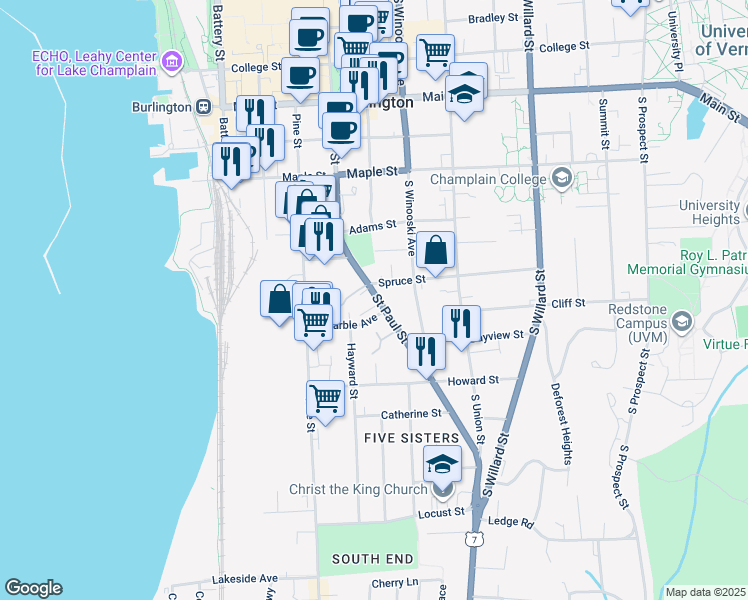 map of restaurants, bars, coffee shops, grocery stores, and more near 336 Saint Paul Street in Burlington