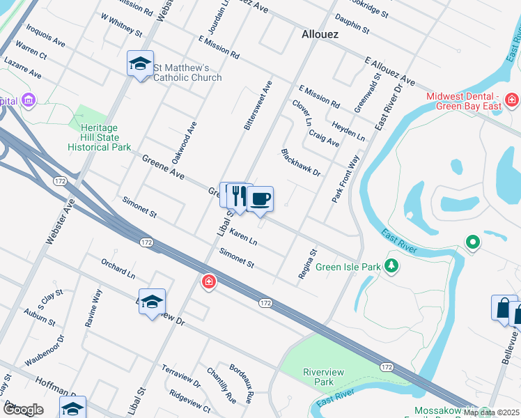 map of restaurants, bars, coffee shops, grocery stores, and more near 501 Greene Avenue in Green Bay