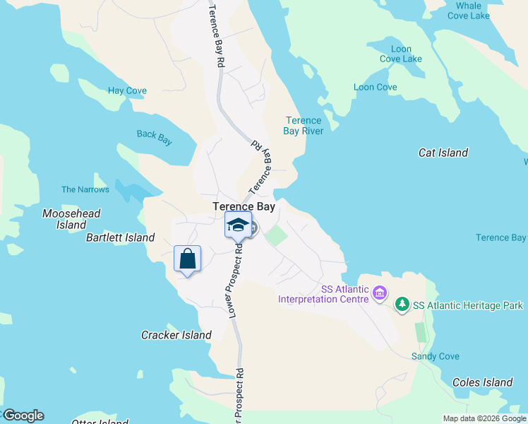 map of restaurants, bars, coffee shops, grocery stores, and more near 26 Demers Road in Terence Bay