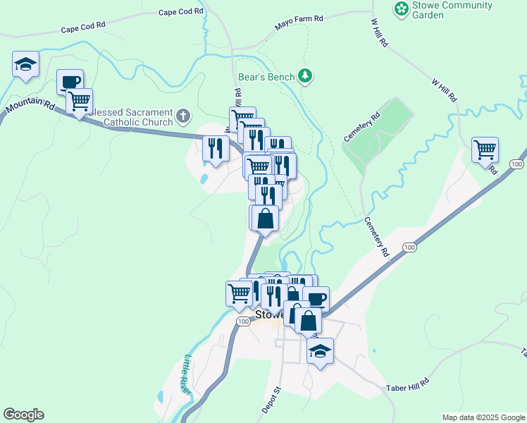 map of restaurants, bars, coffee shops, grocery stores, and more near 395 Mountain Road in Stowe