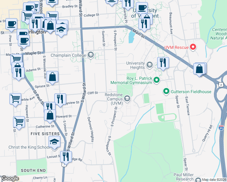 map of restaurants, bars, coffee shops, grocery stores, and more near 206 Summit Street in Burlington
