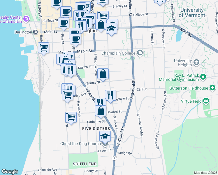 map of restaurants, bars, coffee shops, grocery stores, and more near 90 Spruce Street in Burlington