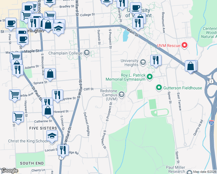 map of restaurants, bars, coffee shops, grocery stores, and more near 206 Summit Street in Burlington