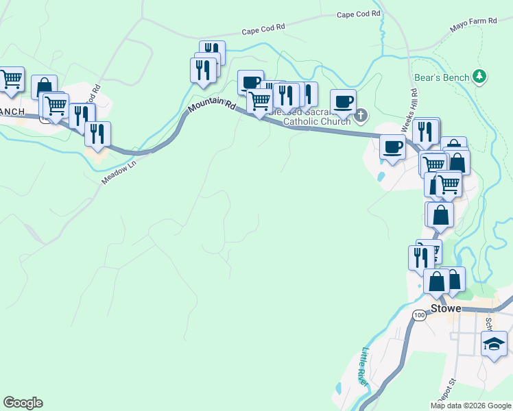 map of restaurants, bars, coffee shops, grocery stores, and more near 95 Winterbird Road in Stowe