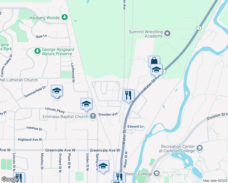 map of restaurants, bars, coffee shops, grocery stores, and more near 308 Viking Terrace in Northfield