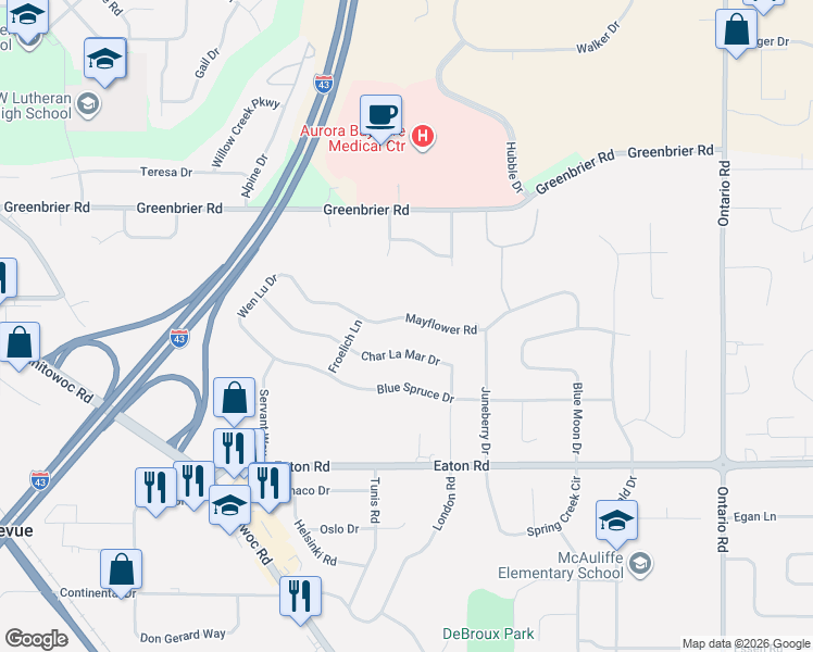 map of restaurants, bars, coffee shops, grocery stores, and more near 2851 Mayflower Road in Green Bay