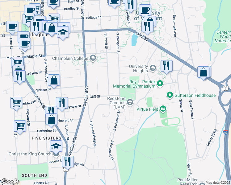 map of restaurants, bars, coffee shops, grocery stores, and more near 206 Summit Street in Burlington