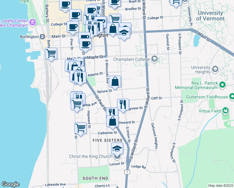 map of restaurants, bars, coffee shops, grocery stores, and more near 90 Spruce Street in Burlington