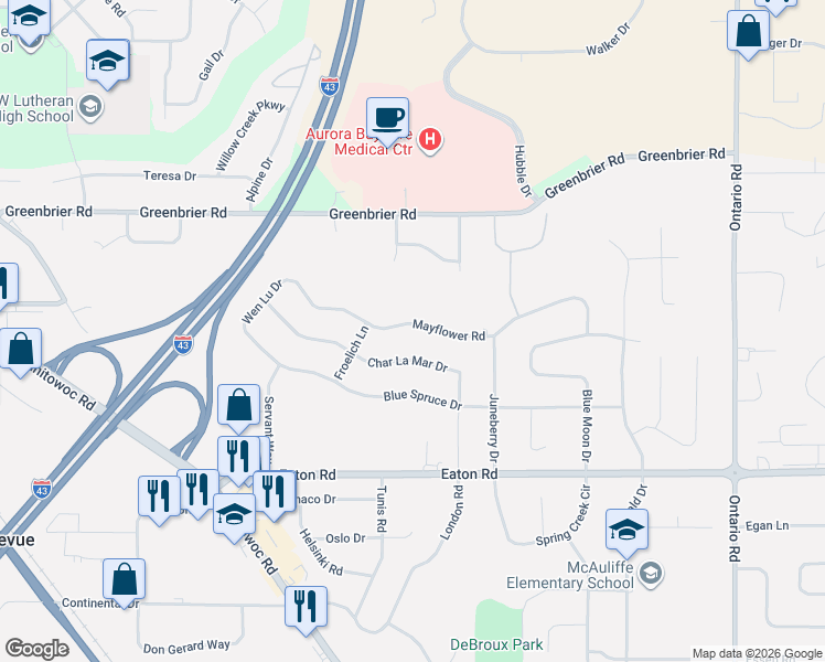 map of restaurants, bars, coffee shops, grocery stores, and more near 2851 Mayflower Road in Green Bay