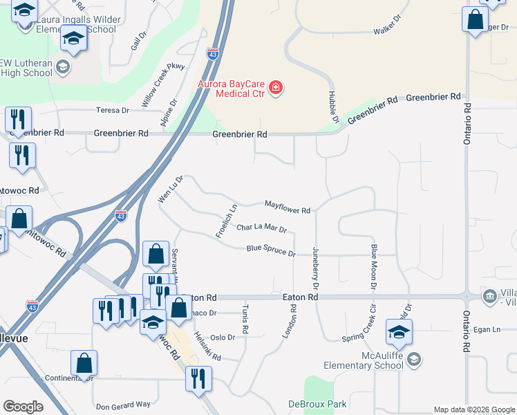 map of restaurants, bars, coffee shops, grocery stores, and more near 2851 Mayflower Road in Green Bay