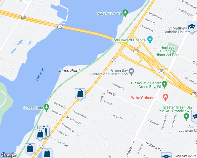 map of restaurants, bars, coffee shops, grocery stores, and more near 3000 Wisconsin 57 in Allouez