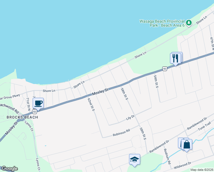 map of restaurants, bars, coffee shops, grocery stores, and more near 47 60th Street North in Wasaga Beach