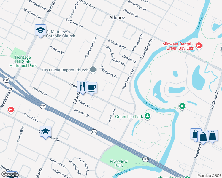 map of restaurants, bars, coffee shops, grocery stores, and more near 630 Greenbell Street in Allouez
