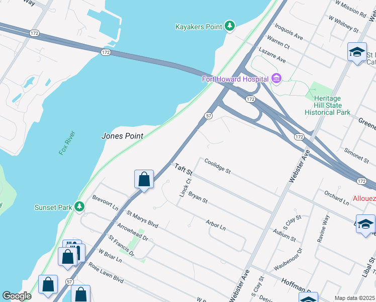 map of restaurants, bars, coffee shops, grocery stores, and more near 3001 Riverside Drive in Green Bay