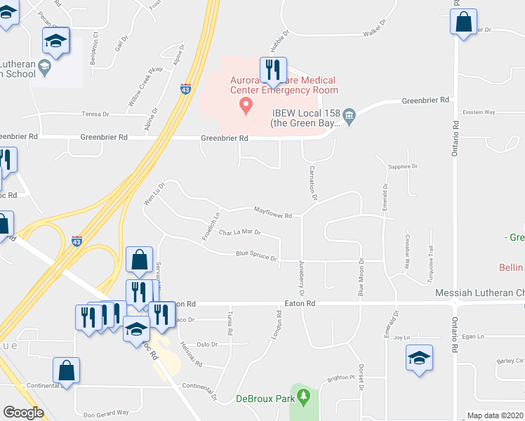 map of restaurants, bars, coffee shops, grocery stores, and more near 2871 Mayflower Road in Green Bay