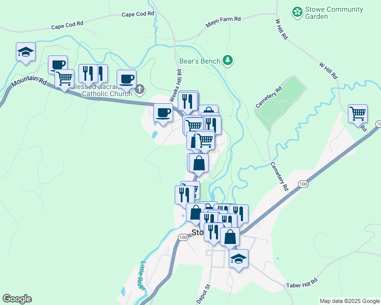 map of restaurants, bars, coffee shops, grocery stores, and more near 395 Mountain Road in Stowe