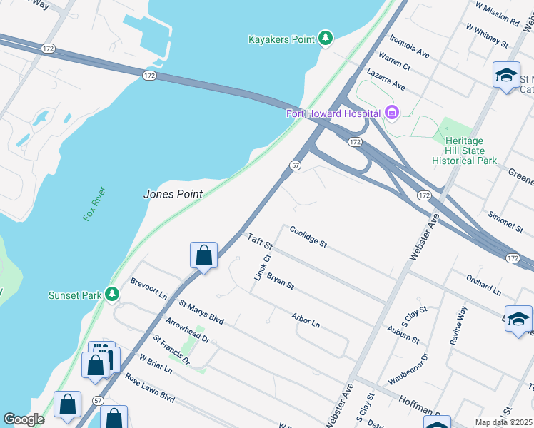 map of restaurants, bars, coffee shops, grocery stores, and more near 3001 Riverside Drive in Green Bay