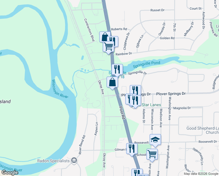 map of restaurants, bars, coffee shops, grocery stores, and more near 3021 Springville Drive in Plover