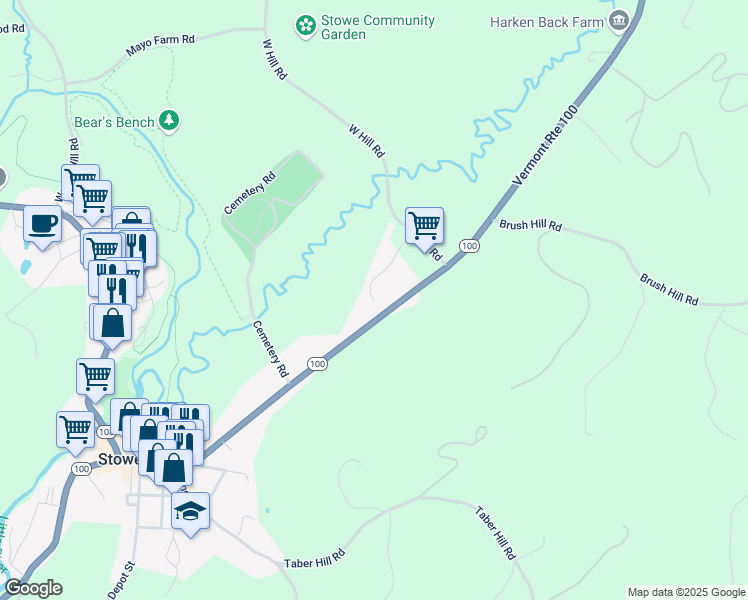 map of restaurants, bars, coffee shops, grocery stores, and more near 205 Hillcrest Rd in Stowe