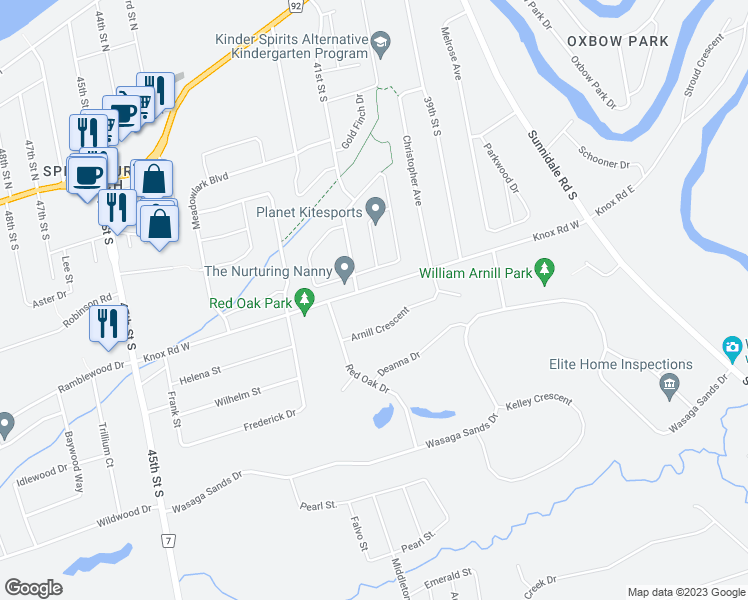 map of restaurants, bars, coffee shops, grocery stores, and more near 203 Knox Road West in Wasaga Beach