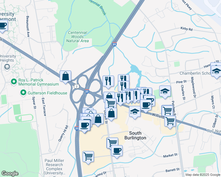 map of restaurants, bars, coffee shops, grocery stores, and more near 1068 Williston Road in South Burlington