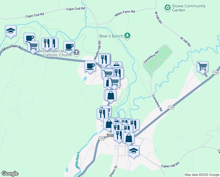 map of restaurants, bars, coffee shops, grocery stores, and more near 395 Mountain Road in Stowe
