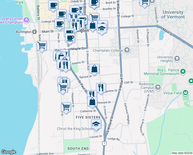 map of restaurants, bars, coffee shops, grocery stores, and more near 90 Spruce Street in Burlington