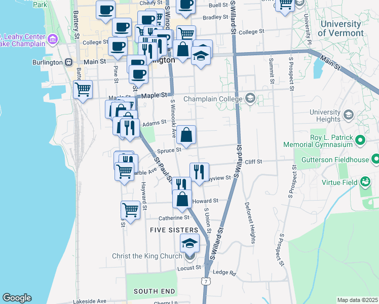 map of restaurants, bars, coffee shops, grocery stores, and more near 90 Spruce Street in Burlington