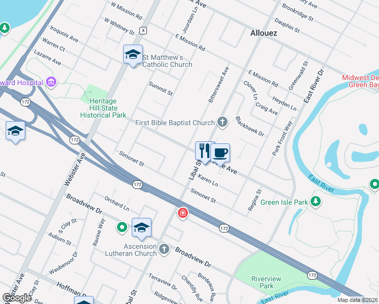 map of restaurants, bars, coffee shops, grocery stores, and more near 402 Greene Avenue in Allouez