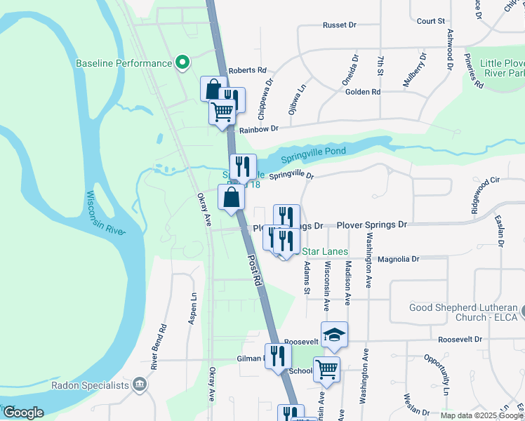map of restaurants, bars, coffee shops, grocery stores, and more near 2840 Plover Springs Drive in Plover