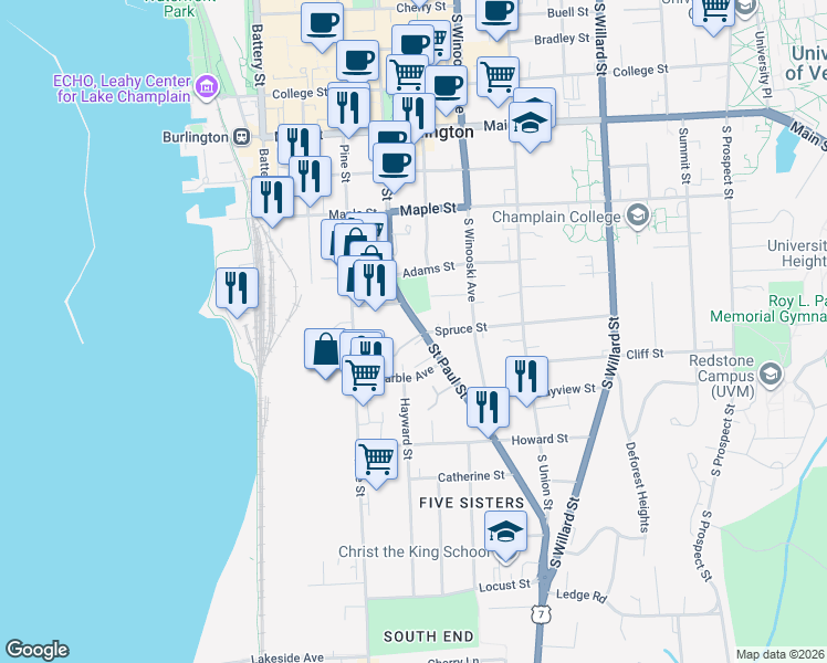 map of restaurants, bars, coffee shops, grocery stores, and more near 331 Saint Paul Street in Burlington