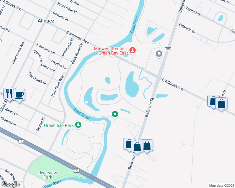 map of restaurants, bars, coffee shops, grocery stores, and more near 1514 River Pines Drive in Green Bay