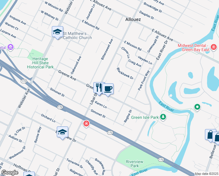 map of restaurants, bars, coffee shops, grocery stores, and more near 501 Greene Avenue in Green Bay
