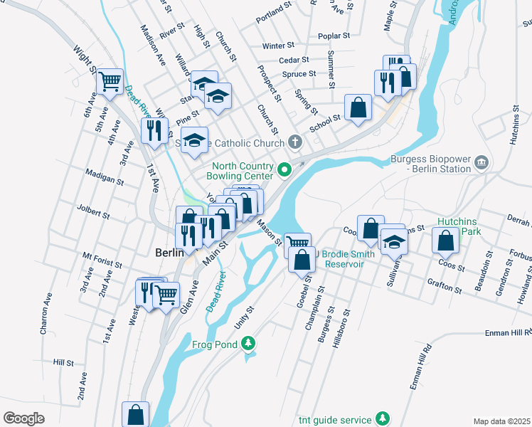 map of restaurants, bars, coffee shops, grocery stores, and more near 198 Main Street in Berlin