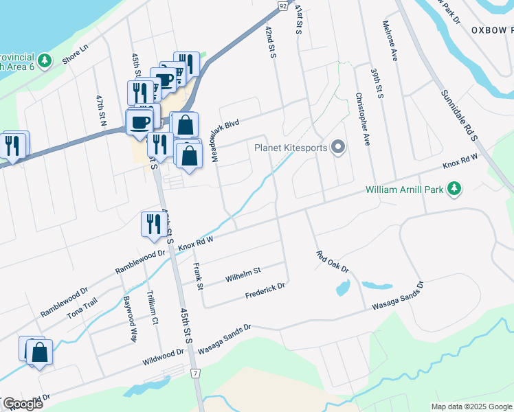 map of restaurants, bars, coffee shops, grocery stores, and more near 12 Tamarack Way in Wasaga Beach