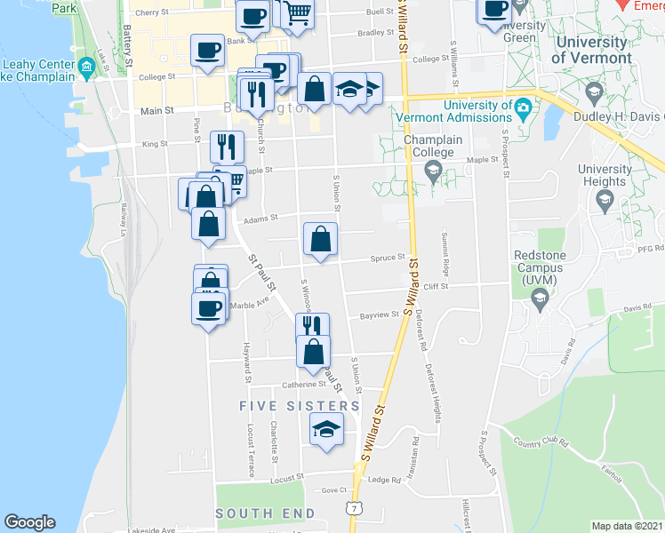 map of restaurants, bars, coffee shops, grocery stores, and more near 79 Spruce Street in Burlington