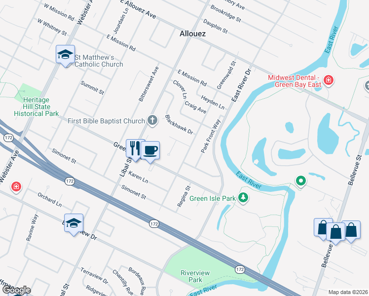 map of restaurants, bars, coffee shops, grocery stores, and more near 630 Greenbell Street in Allouez