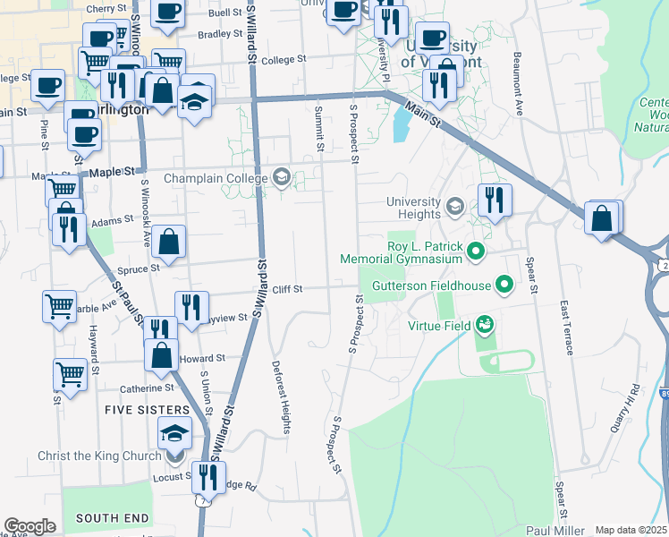 map of restaurants, bars, coffee shops, grocery stores, and more near 206 Summit Street in Burlington