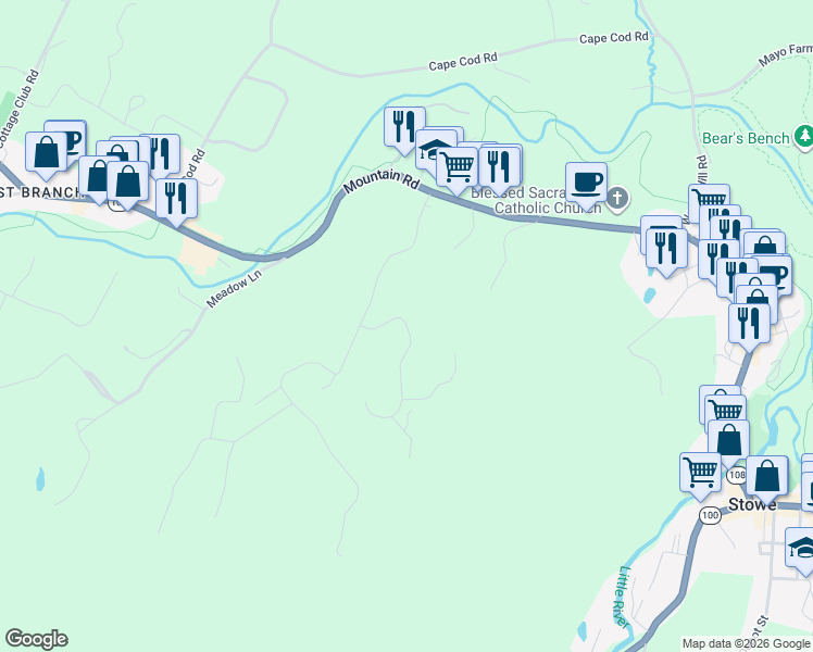 map of restaurants, bars, coffee shops, grocery stores, and more near 95 Winterbird Road in Stowe