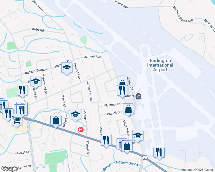 map of restaurants, bars, coffee shops, grocery stores, and more near 17 Maryland St in South Burlington