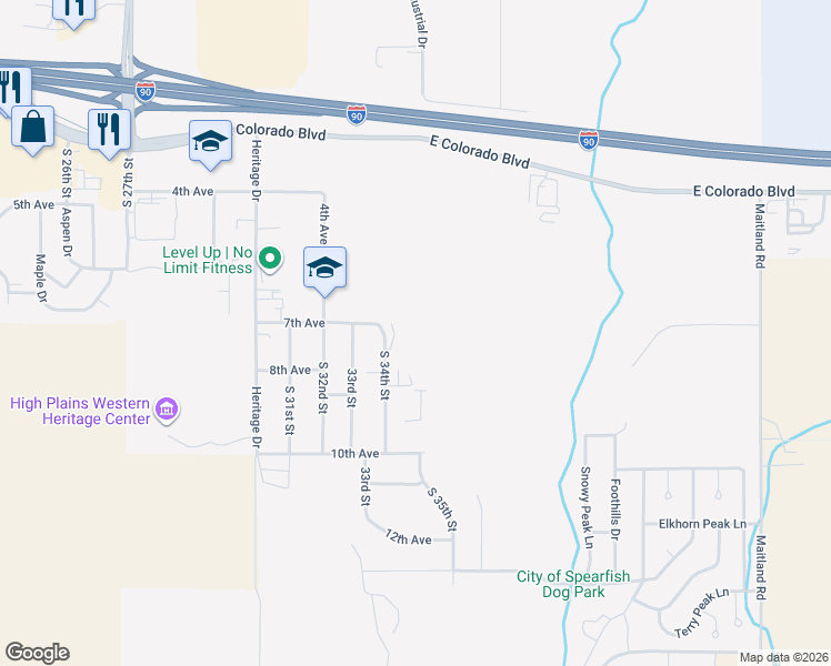 map of restaurants, bars, coffee shops, grocery stores, and more near 712 South 34th Street in Spearfish